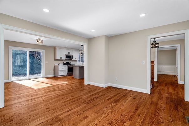 Empty room, Fireplace, Interior, Recessed Lighting, Wood Texture Flooring