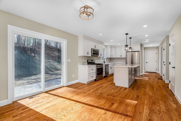 Empty room, Fireplace, Interior, Recessed Lighting, Wood Texture Flooring