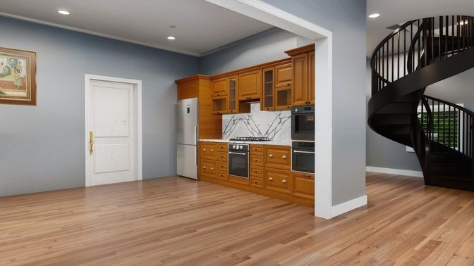 Interior, Kitchen, Recessed Lighting, Stainless Steel Appliances, Wood Texture Flooring