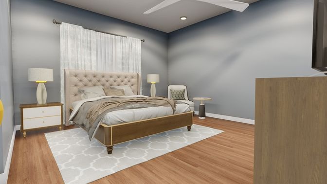 Bedroom, Interior, Recessed Lighting, Wood Texture Flooring