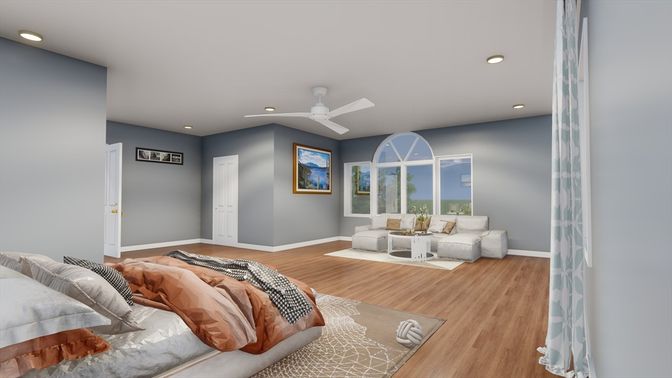 Bedroom, Interior, Recessed Lighting, Wood Texture Flooring