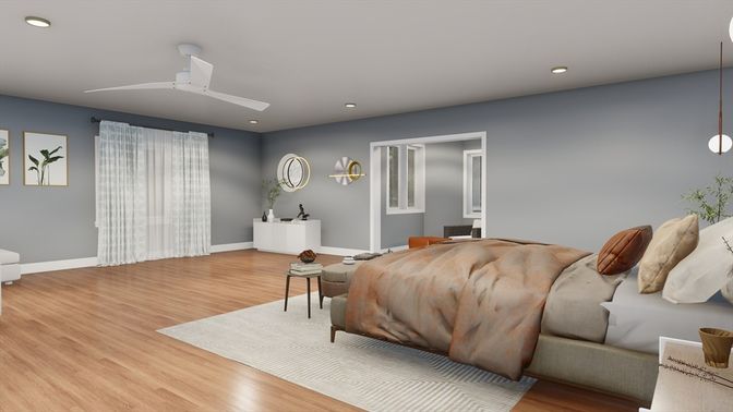 Bedroom, Interior, Pendant Lights, Recessed Lighting, Wood Texture Flooring