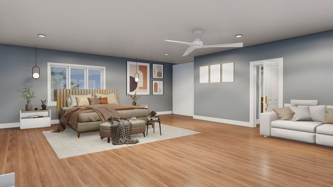 Bedroom, Interior, Pendant Lights, Recessed Lighting, Wood Texture Flooring