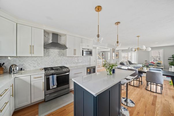 Dining room, Interior, Kitchen, Living room, Pendant Lights, Stainless Steel Appliances, Wood Texture Flooring