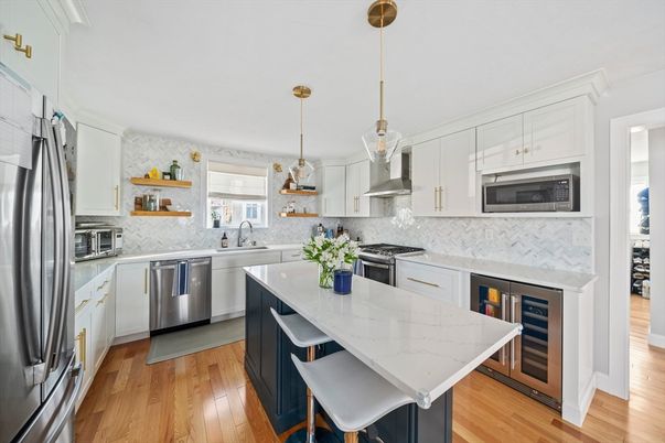 Interior, Kitchen, Pendant Lights, Stainless Steel Appliances, Wood Texture Flooring
