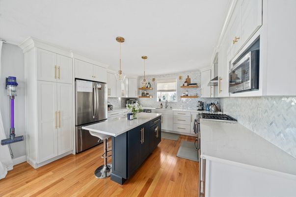 Interior, Kitchen, Pendant Lights, Stainless Steel Appliances, Wood Texture Flooring