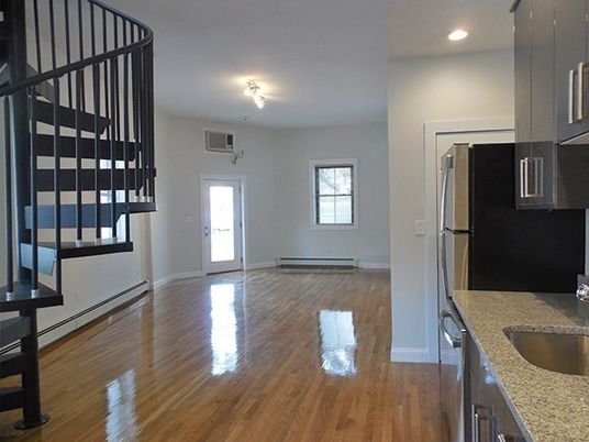 Dining room, Interior, Kitchen, Living room, Recessed Lighting, Stainless Steel Appliances, Wood Texture Flooring