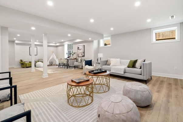 Dining room, Interior, Living room, Recessed Lighting, Wood Texture Flooring