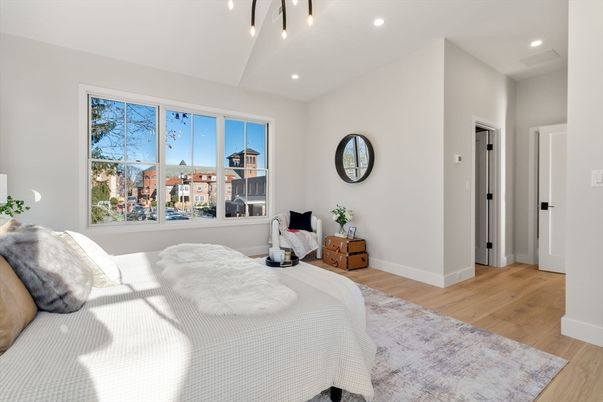 Bedroom, Interior, Pendant Lights, Recessed Lighting, Wood Texture Flooring