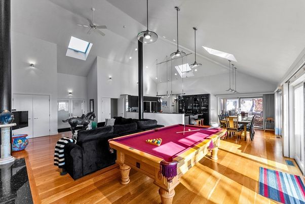 Billiard Table, Dining room, Game Room, Interior, Living room, Pendant Lights, Recessed Lighting, Wood Texture Flooring
