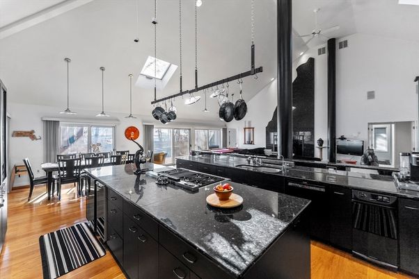 Dining room, Interior, Kitchen, Pendant Lights, Wood Texture Flooring