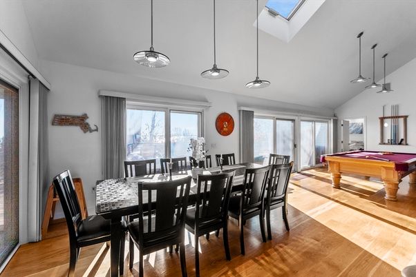Billiard Table, Dining room, Game Room, Interior, Pendant Lights, Wood Texture Flooring