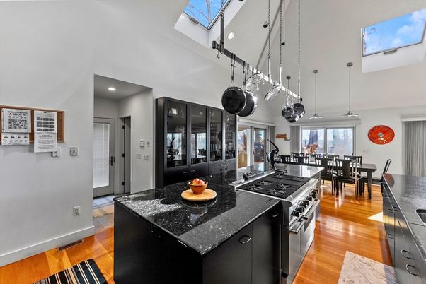 Dining room, Interior, Kitchen, Pendant Lights, Recessed Lighting, Wood Texture Flooring