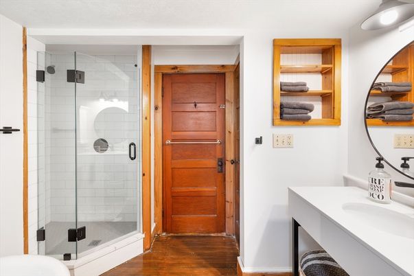Bathroom, Glass Shower, Interior, Wood Texture Flooring