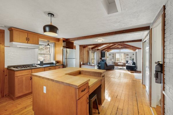 Interior, Kitchen, Living room, Pendant Lights, Stone Walls, Wooden Beams, Wood Texture Flooring