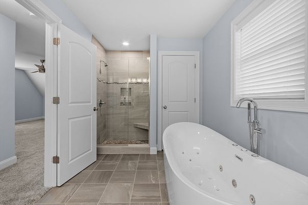 Bathroom, Free Standing Baths, Glass Shower, Interior, Recessed Lighting