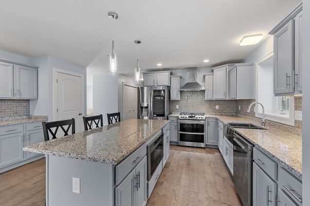 Interior, Kitchen, Pendant Lights, Recessed Lighting, Stainless Steel Appliances, Wood Texture Flooring