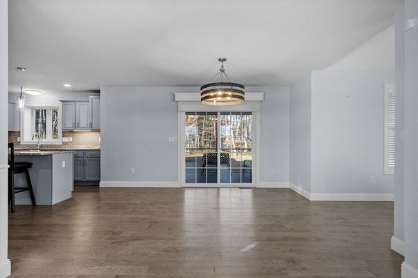 Empty room, Interior, Kitchen, Pendant Lights, Recessed Lighting, Wood Texture Flooring
