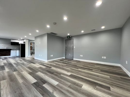 Empty room, Interior, Kitchen, Recessed Lighting, Wood Texture Flooring