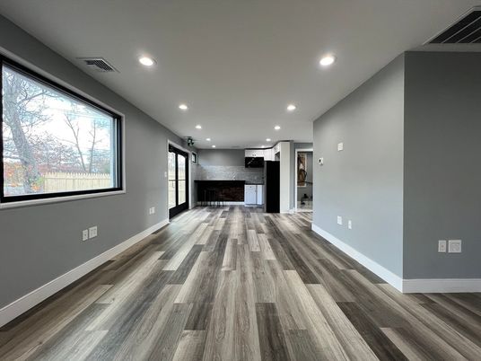 Empty room, Fireplace, Interior, Recessed Lighting, Wood Texture Flooring