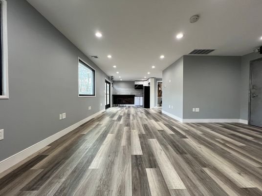 Empty room, Fireplace, Interior, Recessed Lighting, Wood Texture Flooring