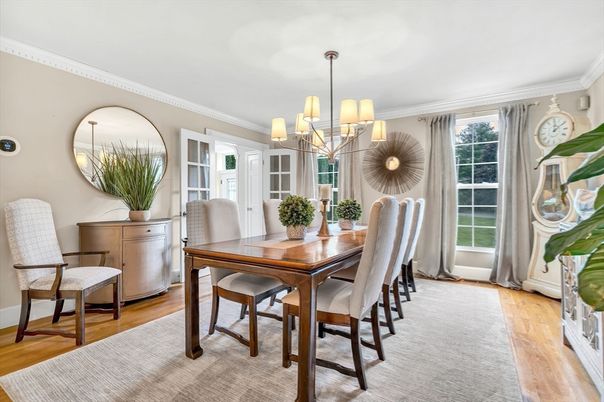 Chandelier, Dining room, Interior, Wood Texture Flooring