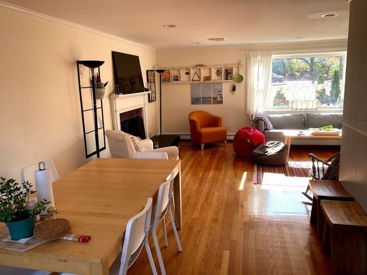 Dining room, Fireplace, Interior, Living room, Recessed Lighting, Wood Texture Flooring