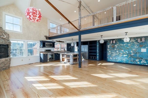 Fireplace, Interior, Kitchen, Pendant Lights, Recessed Lighting, Wood Texture Flooring