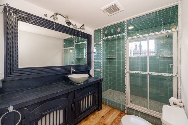 Bathroom, Glass Shower, Interior, Recessed Lighting, Wood Texture Flooring
