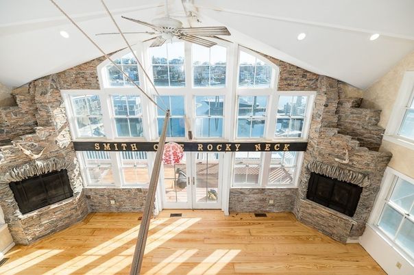 Fireplace, Interior, Recessed Lighting, Stone Walls, Wood Texture Flooring