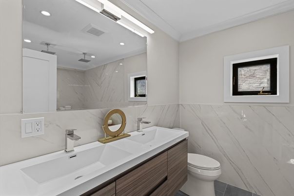 Bathroom, Dual Sink Vanities, Interior, Marble Walls, Recessed Lighting