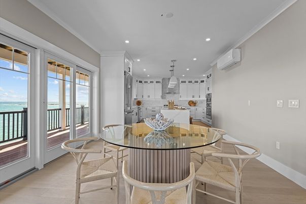 Dining room, Interior, Kitchen, Pendant Lights, Recessed Lighting, Water, Wood Texture Flooring