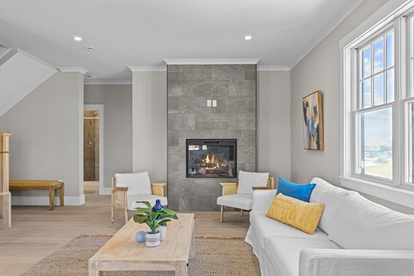 Fireplace, Interior, Living room, Recessed Lighting, Wood Texture Flooring