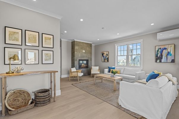 Fireplace, Interior, Living room, Recessed Lighting, Wood Texture Flooring