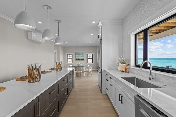 Dining room, Interior, Kitchen, Pendant Lights, Recessed Lighting, Water, Wood Texture Flooring