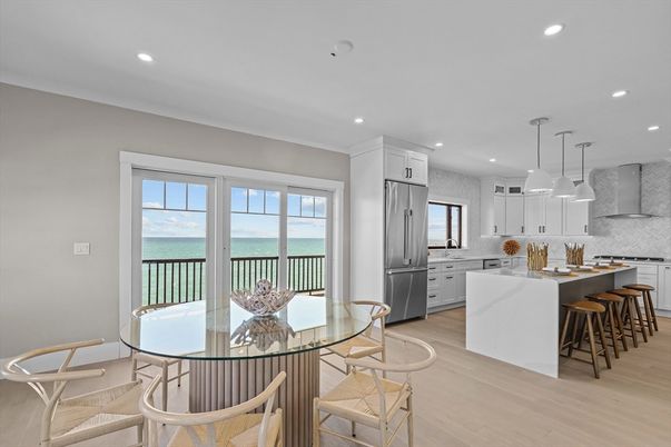 Dining room, Interior, Kitchen, Pendant Lights, Recessed Lighting, Water, Wood Texture Flooring