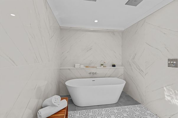 Bathroom, Free Standing Baths, Interior, Marble Walls, Recessed Lighting