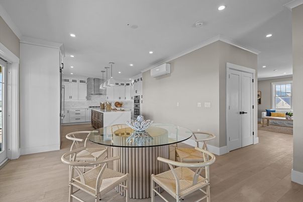 Dining room, Interior, Kitchen, Pendant Lights, Recessed Lighting, Wood Texture Flooring