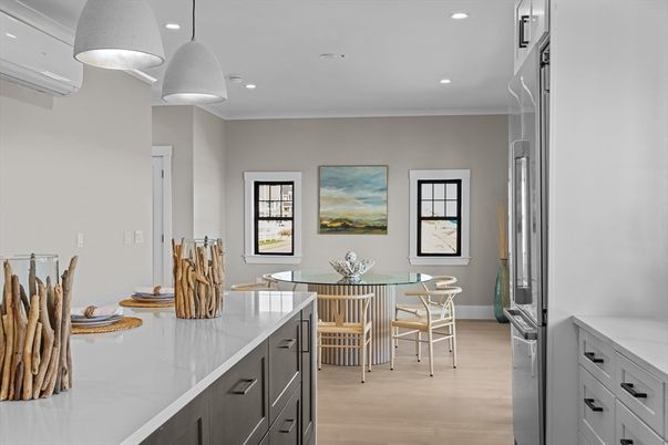 Dining room, Interior, Kitchen, Pendant Lights, Recessed Lighting, Stainless Steel Appliances, Wood Texture Flooring