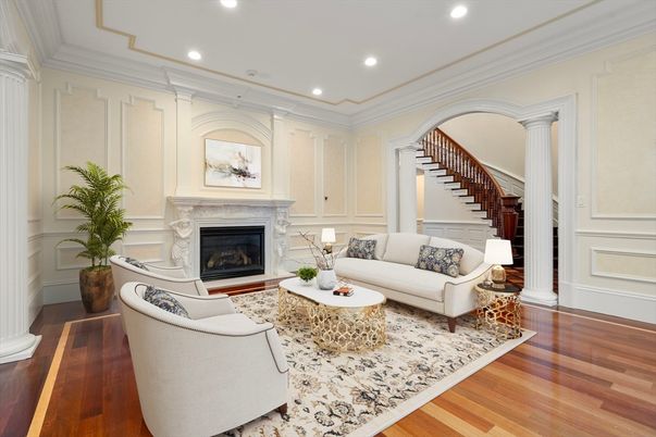Fireplace, Interior, Living room, Recessed Lighting, Wood Texture Flooring