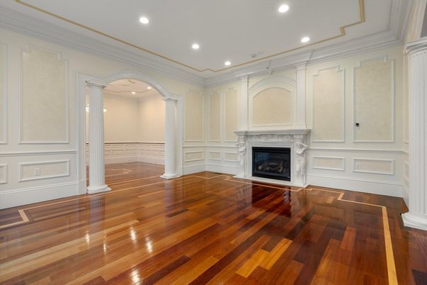 Empty room, Fireplace, Interior, Recessed Lighting, Wood Texture Flooring