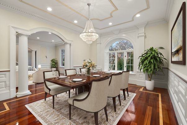Chandelier, Dining room, Interior, Living room, Recessed Lighting, Wood Texture Flooring