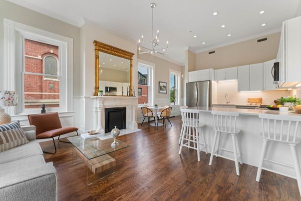 Dining room, Fireplace, Interior, Kitchen, Living room, Pendant Lights, Recessed Lighting, Stainless Steel Appliances, Wood Texture Flooring