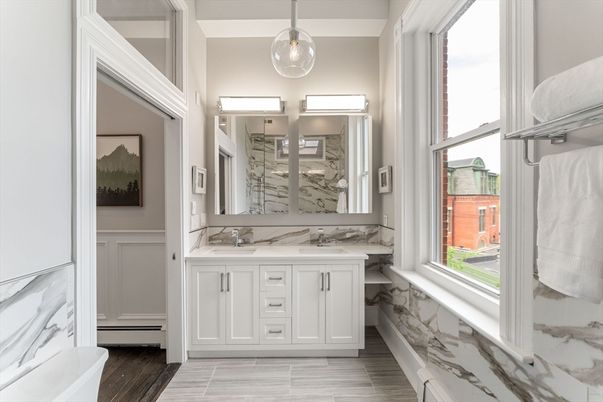 Bathroom, Interior, Marble Walls, Pendant Lights, Wood Texture Flooring