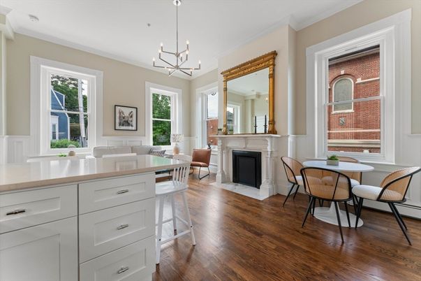 Dining room, Fireplace, Interior, Pendant Lights, Wood Texture Flooring