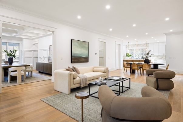 Dining room, Interior, Living room, Pendant Lights, Recessed Lighting, Wood Texture Flooring