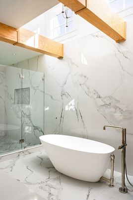 Bathroom, Free Standing Baths, Glass Shower, Interior, Marble, Marble Walls