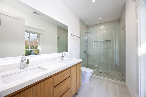 Bathroom, Dual Sink Vanities, Glass Shower, Interior, Recessed Lighting