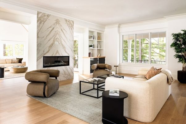 Fireplace, Interior, Living room, Marble Walls, Recessed Lighting, Wood Texture Flooring