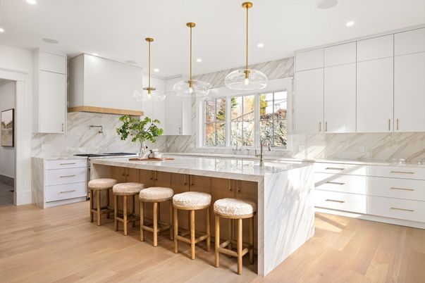Interior, Kitchen, Marble Walls, Pendant Lights, Recessed Lighting, Wood Texture Flooring